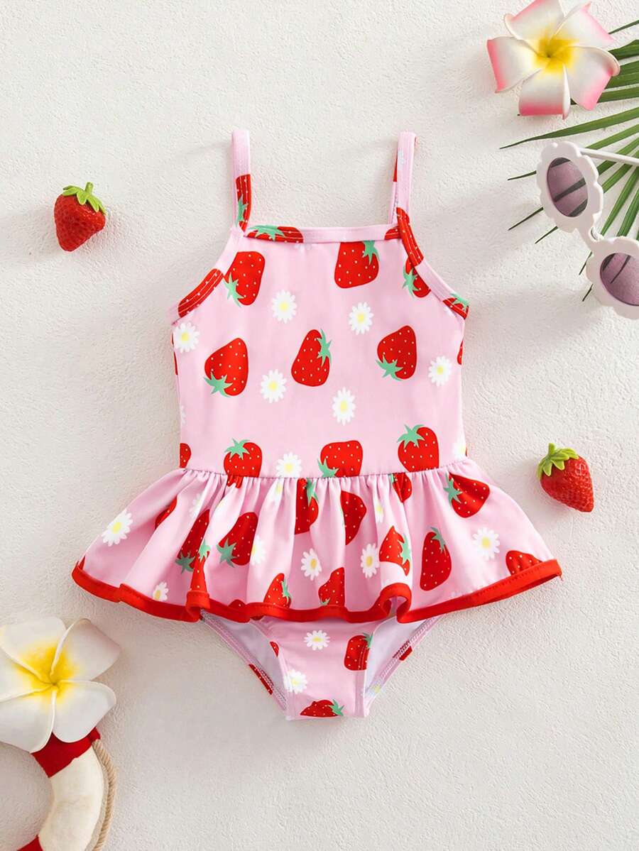 Baby Girls Minimalist Spaghetti Strap One Piece Swimsuit Casual Summer Beachwear