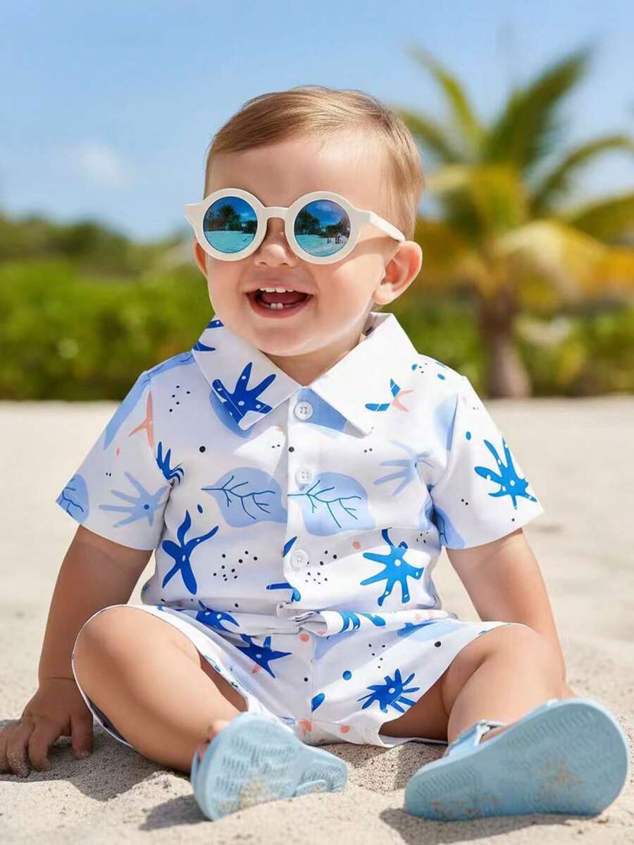 2pcs/Set Baby Boy Tropical Plant Pattern Vacation Outfit (6M-3T)