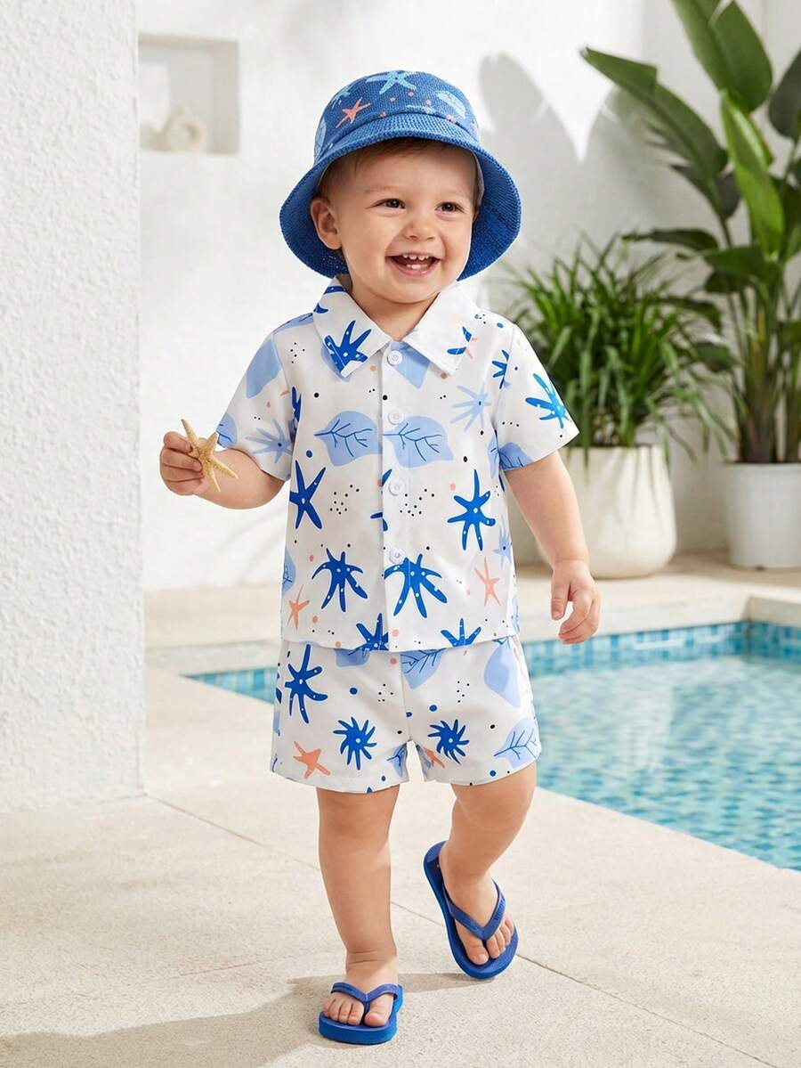 2pcs/Set Baby Boy Tropical Plant Pattern Vacation Outfit (6M-3T)
