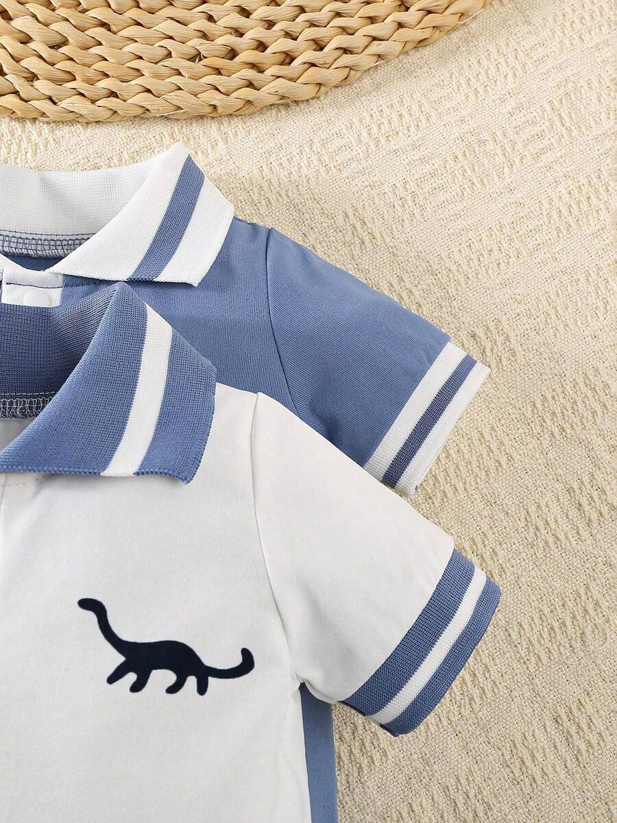 Toddler Boy Dinosaur Print Polo Collar Short Sleeve Romper 2 Piece Summer Outfit Set