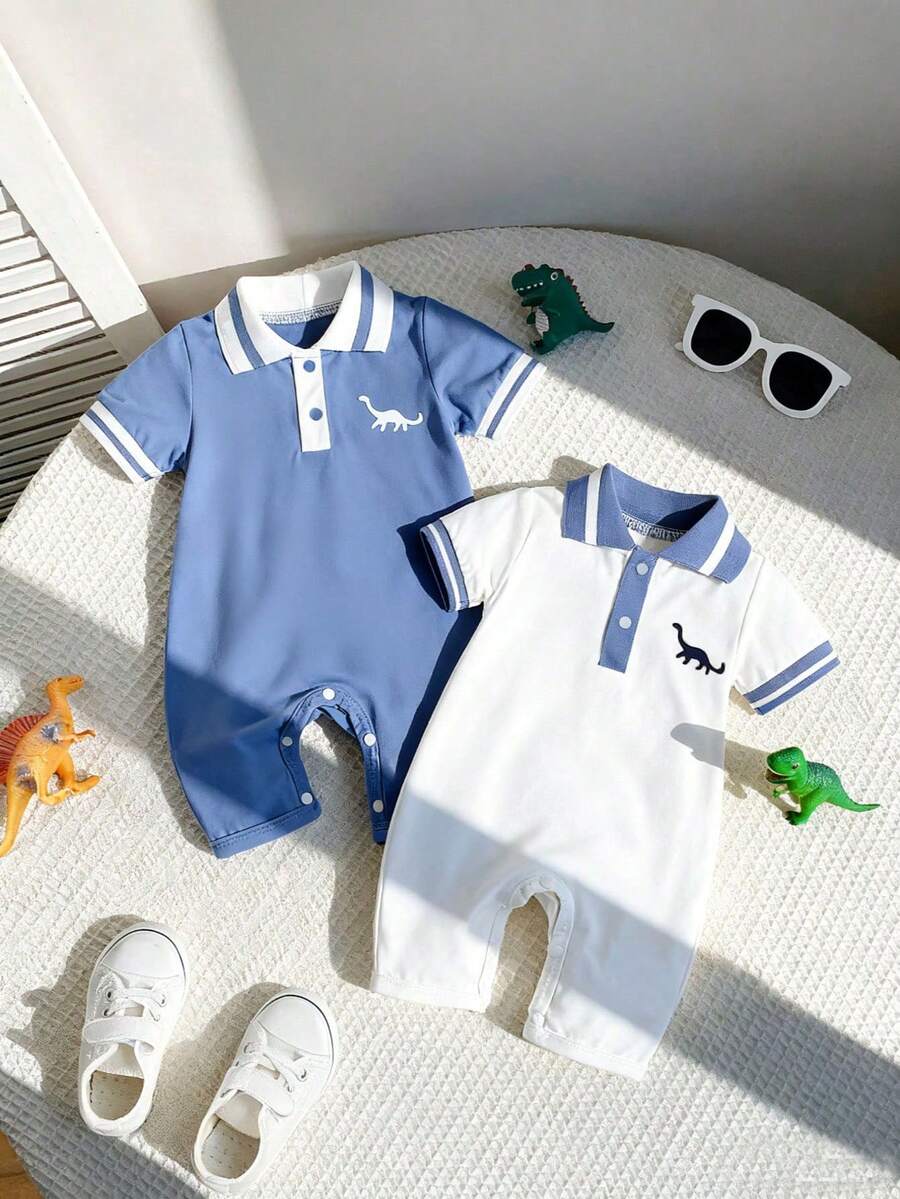 Toddler Boy Dinosaur Print Polo Collar Short Sleeve Romper 2 Piece Summer Outfit Set