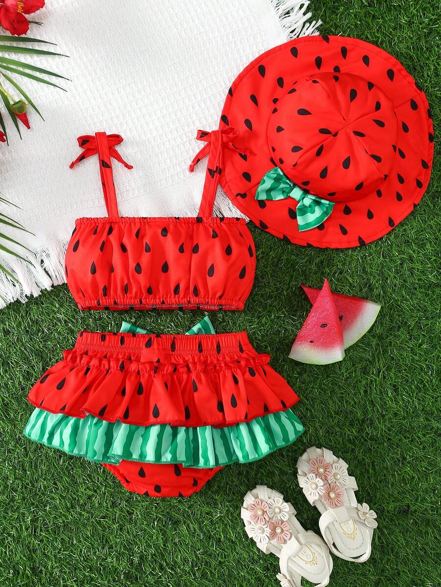 Sleeveless Strawberry Floral Top & Ruffle Skirt 3-Piece Set for Toddler Girls