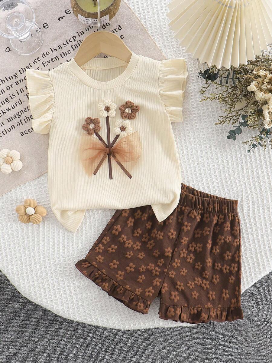 Young Girls 3D Flower Decor Tank Top and Yellow Floral Hem Shorts 2 Piece Summer Set