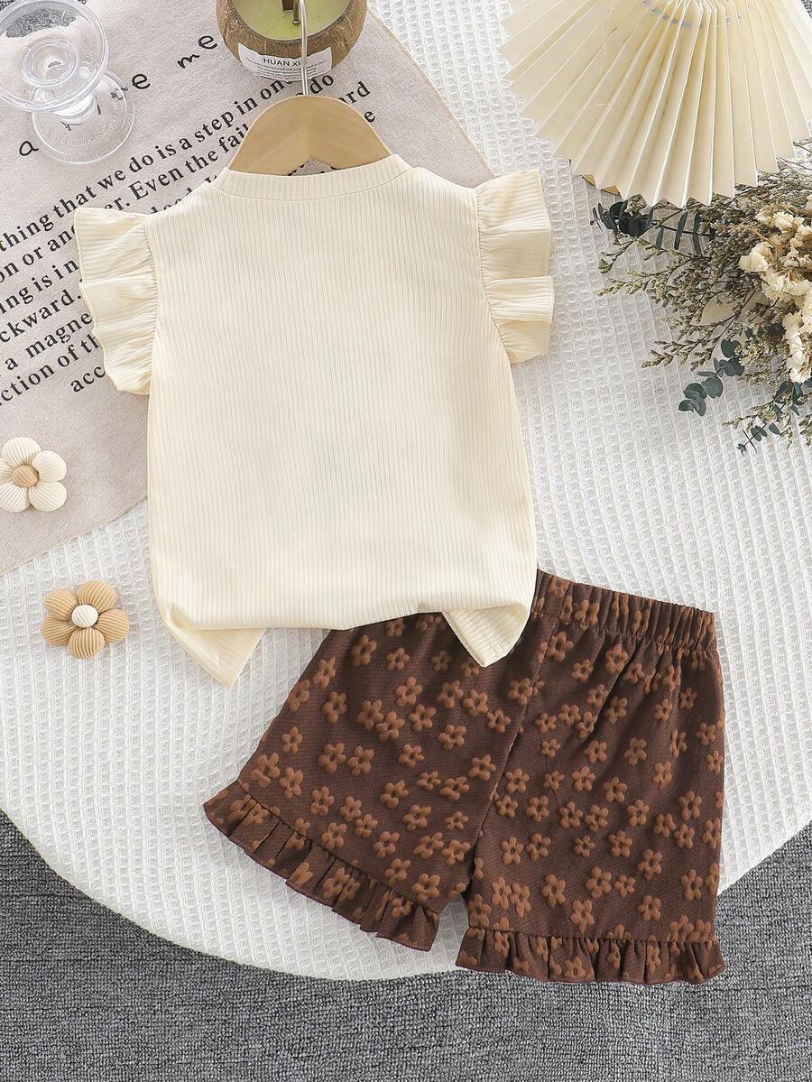 Young Girls 3D Flower Decor Tank Top and Yellow Floral Hem Shorts 2 Piece Summer Set