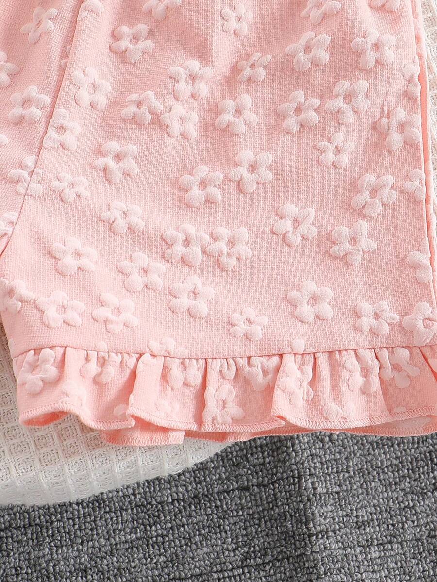 Young Girls 3D Flower Decor Tank Top and Yellow Floral Hem Shorts 2 Piece Summer Set