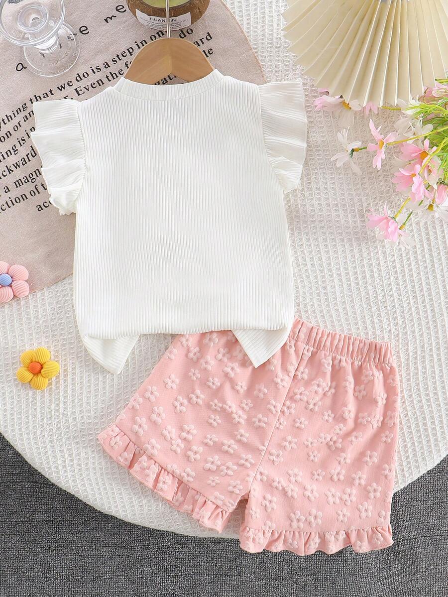 Young Girls 3D Flower Decor Tank Top and Yellow Floral Hem Shorts 2 Piece Summer Set