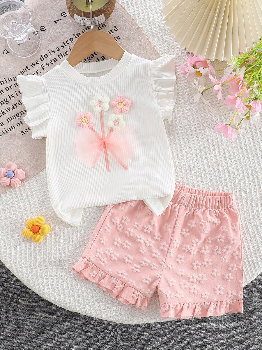 Young Girls 3D Flower Decor Tank Top and Yellow Floral Hem Shorts 2 Piece Summer Set