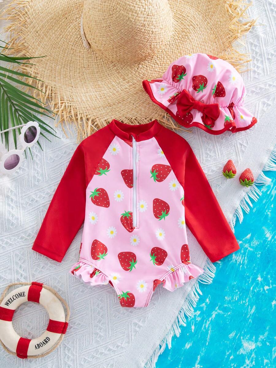 Baby Girls Cartoon Print Swimsuit Romper Casual Summer Vacation Beachwear