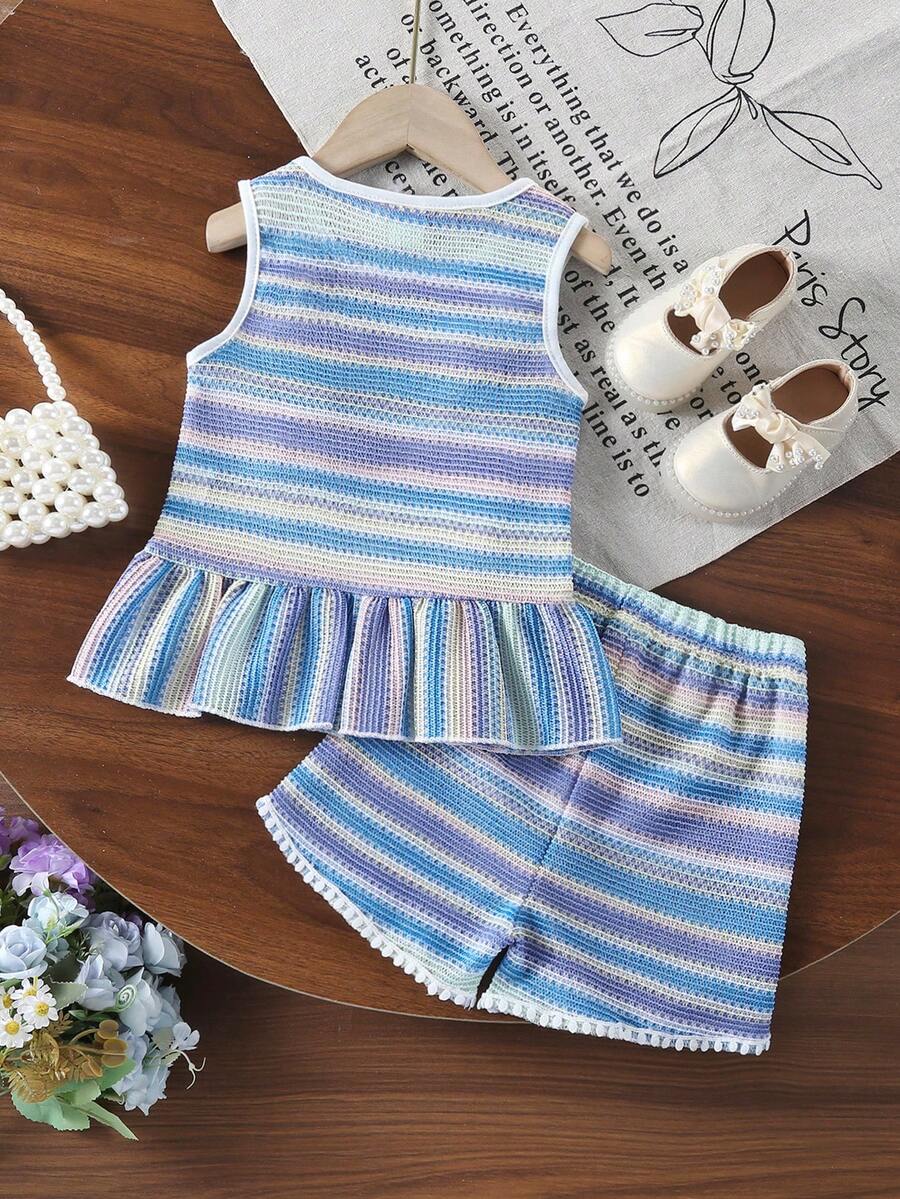 Two Piece Summer Clothing Set For Kids Girls Floral Knit Top And Shorts