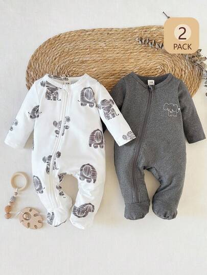 2PCS Baby Elephant Print Long Sleeve Romper Set for Cozy Autumn and Winter Wear