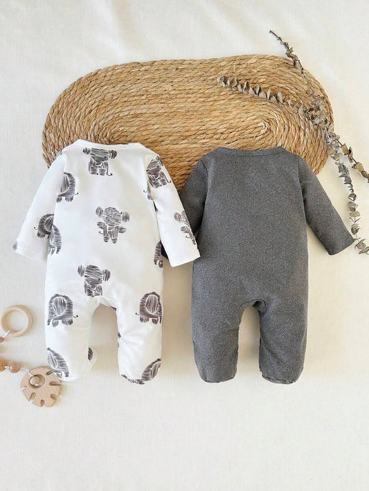 2PCS Baby Elephant Print Long Sleeve Romper Set for Cozy Autumn and Winter Wear