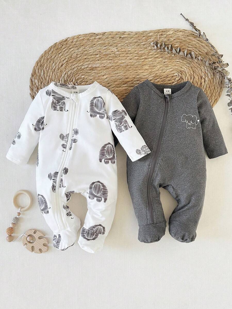 2PCS Baby Elephant Print Long Sleeve Romper Set for Cozy Autumn and Winter Wear