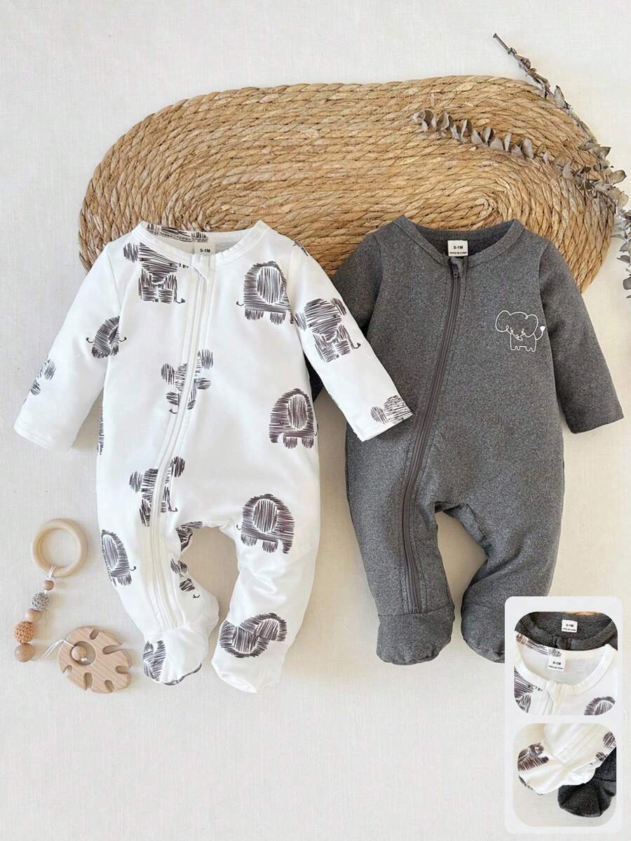 2PCS Baby Elephant Print Long Sleeve Romper Set for Cozy Autumn and Winter Wear