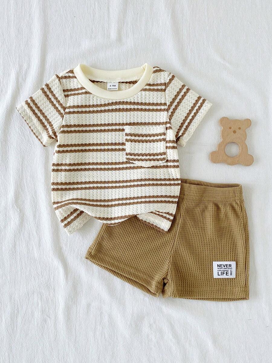 Infant Toddler Boys' Summer Outfit: Striped Waffle Tee and Letter Patch Shorts