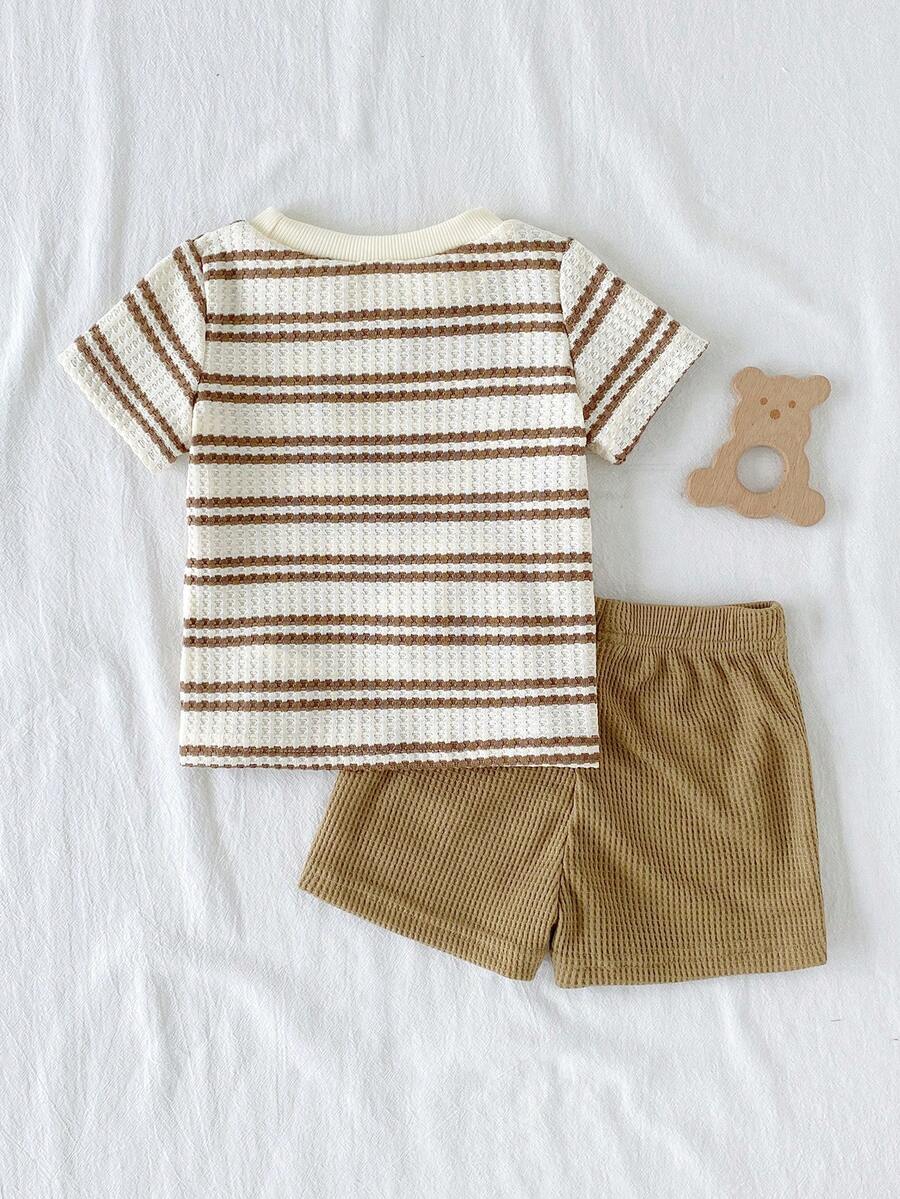 Infant Toddler Boys' Summer Outfit: Striped Waffle Tee and Letter Patch Shorts