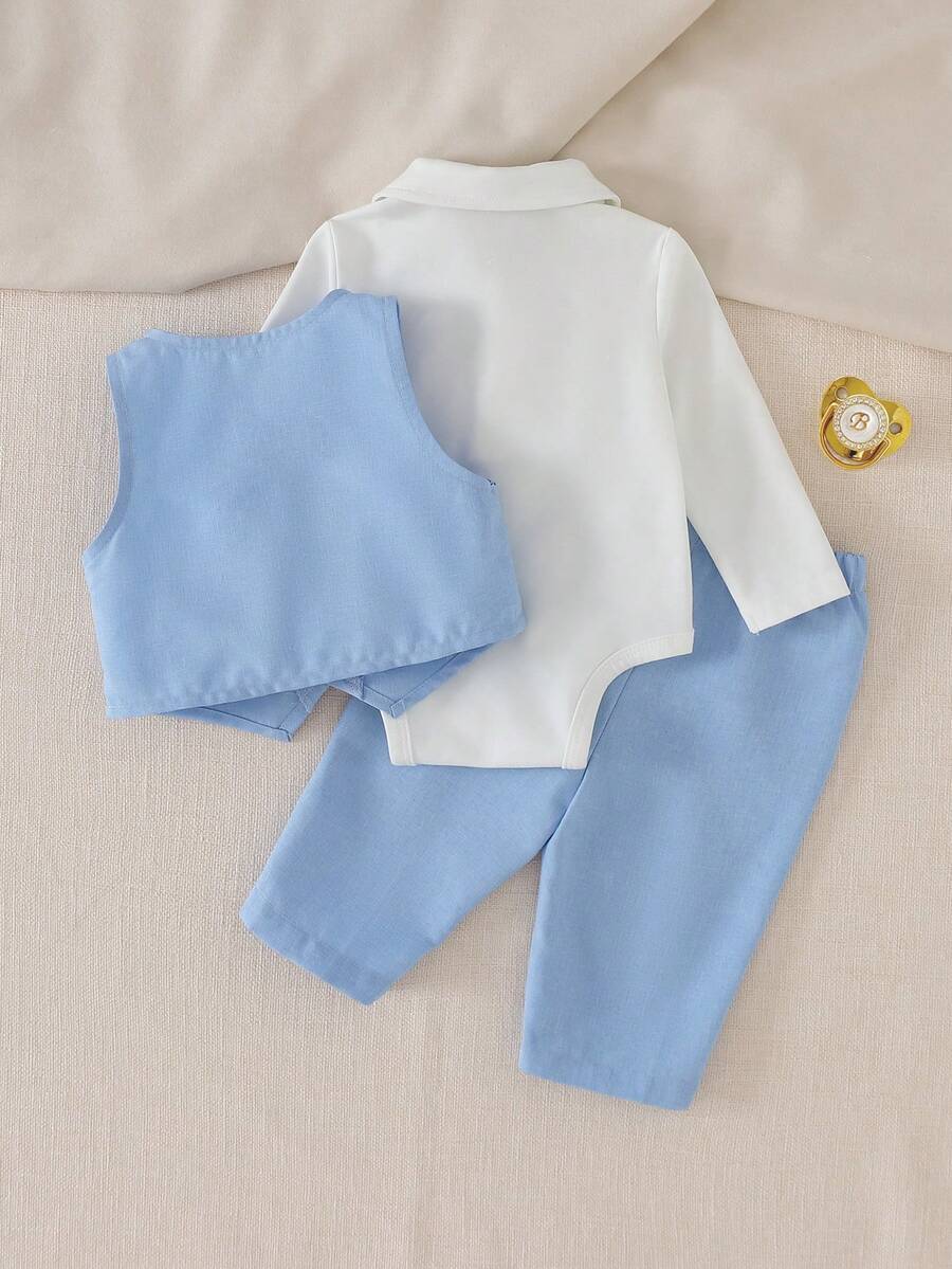 3pcs Baby Boy Preppy Outfit Set With Vest Jacket Bow Tie Romper And Pants
