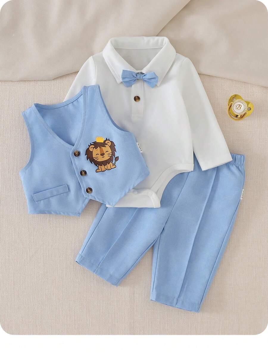 3pcs Baby Boy Preppy Outfit Set With Vest Jacket Bow Tie Romper And Pants