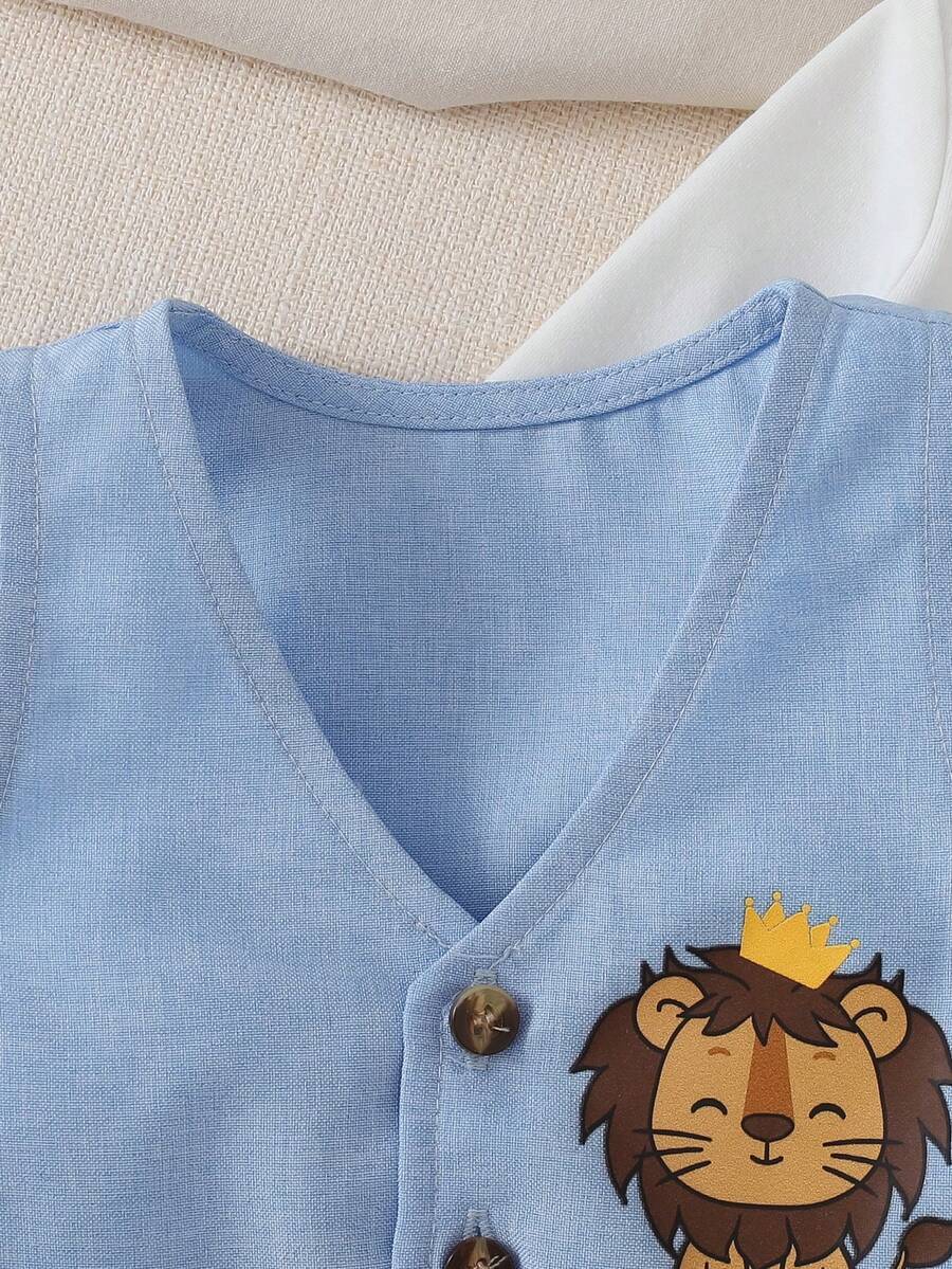 3pcs Baby Boy Preppy Outfit Set With Vest Jacket Bow Tie Romper And Pants