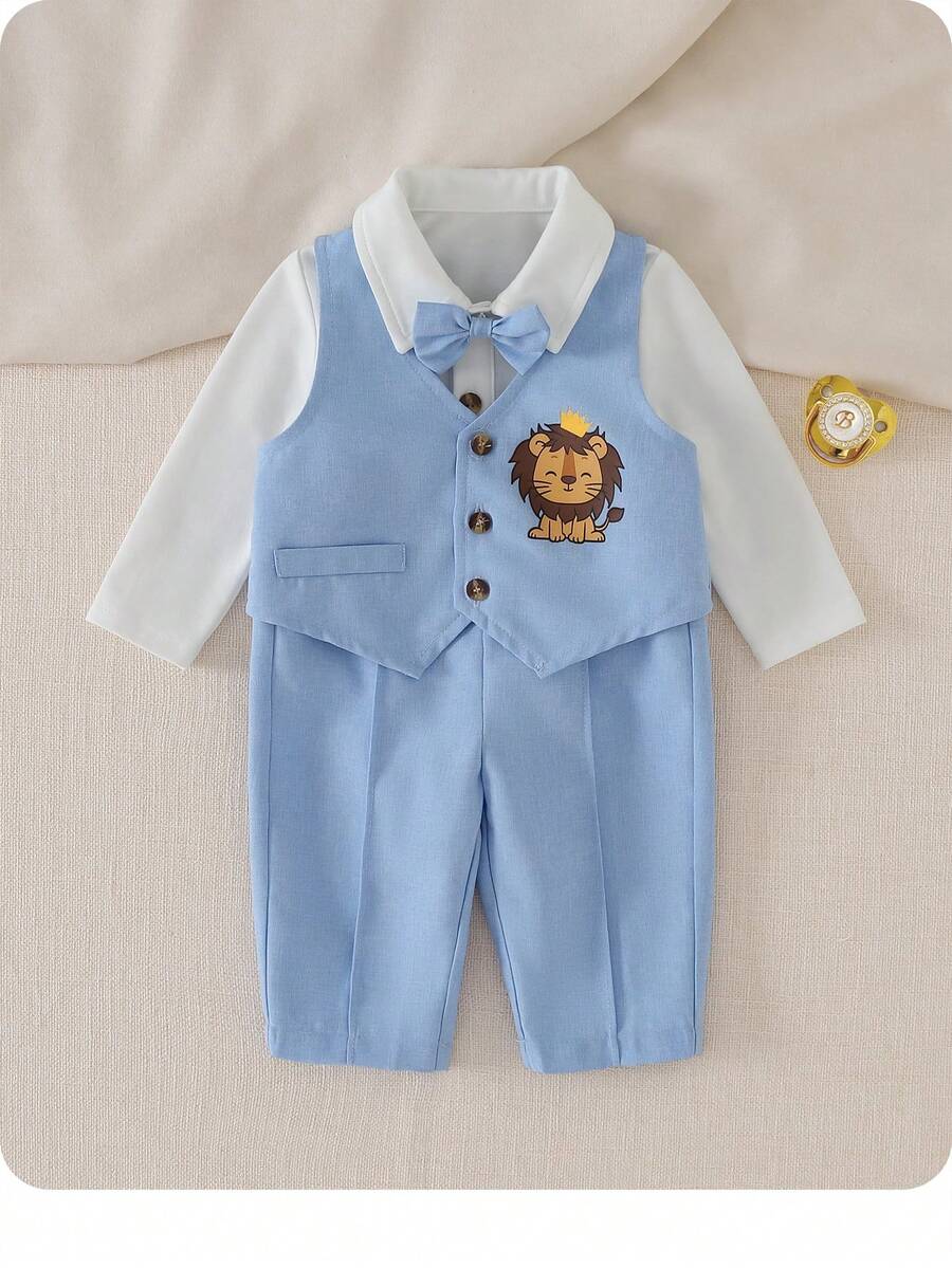 3pcs Baby Boy Preppy Outfit Set With Vest Jacket Bow Tie Romper And Pants