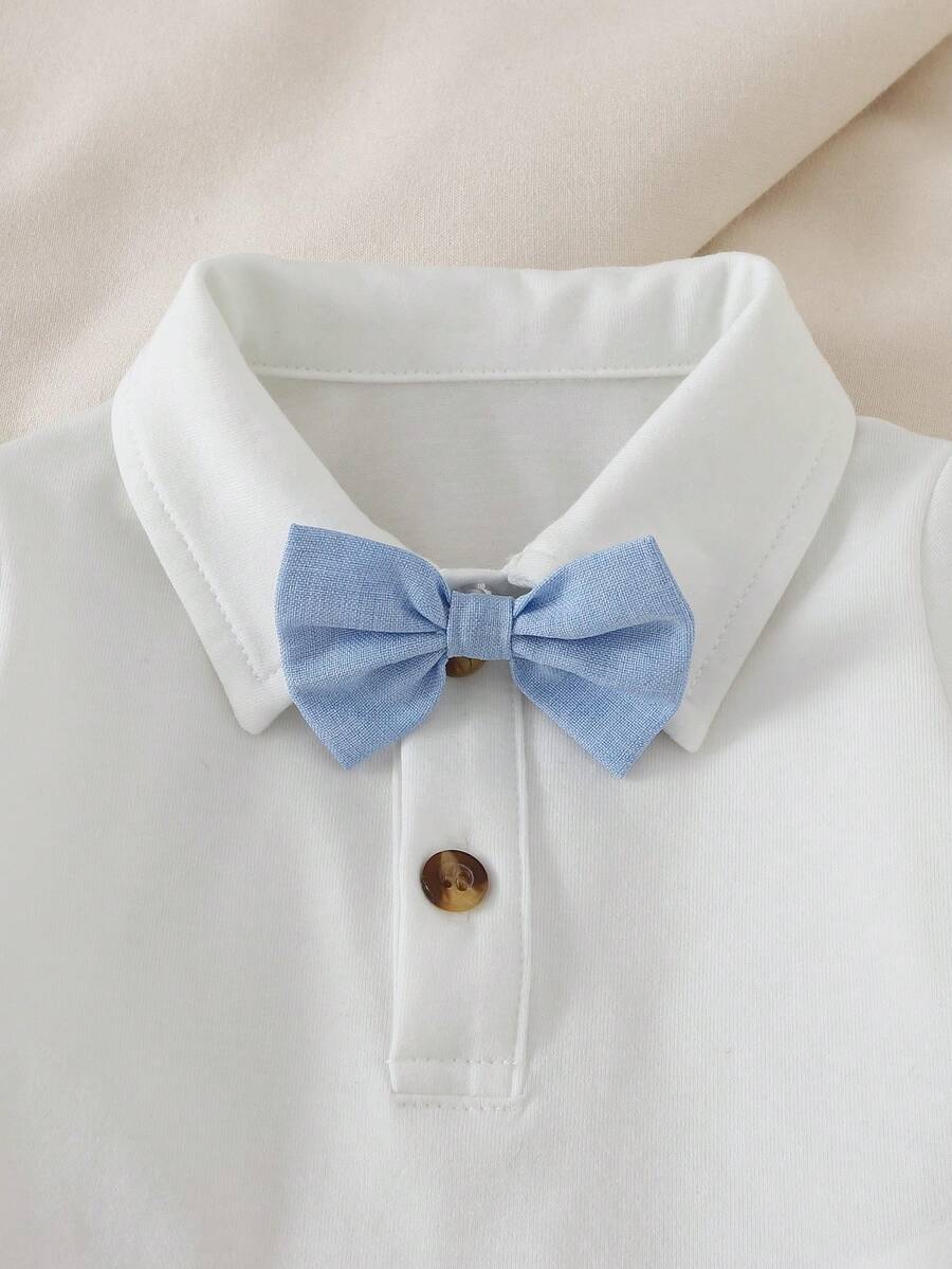 3pcs Baby Boy Preppy Outfit Set With Vest Jacket Bow Tie Romper And Pants