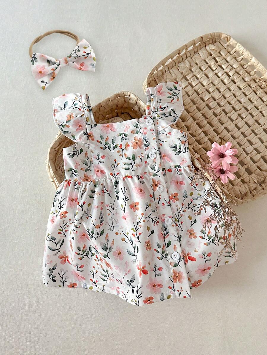 2PCS Baby Watercolor Floral Dress and Hairband Set for Cute Summer Outings