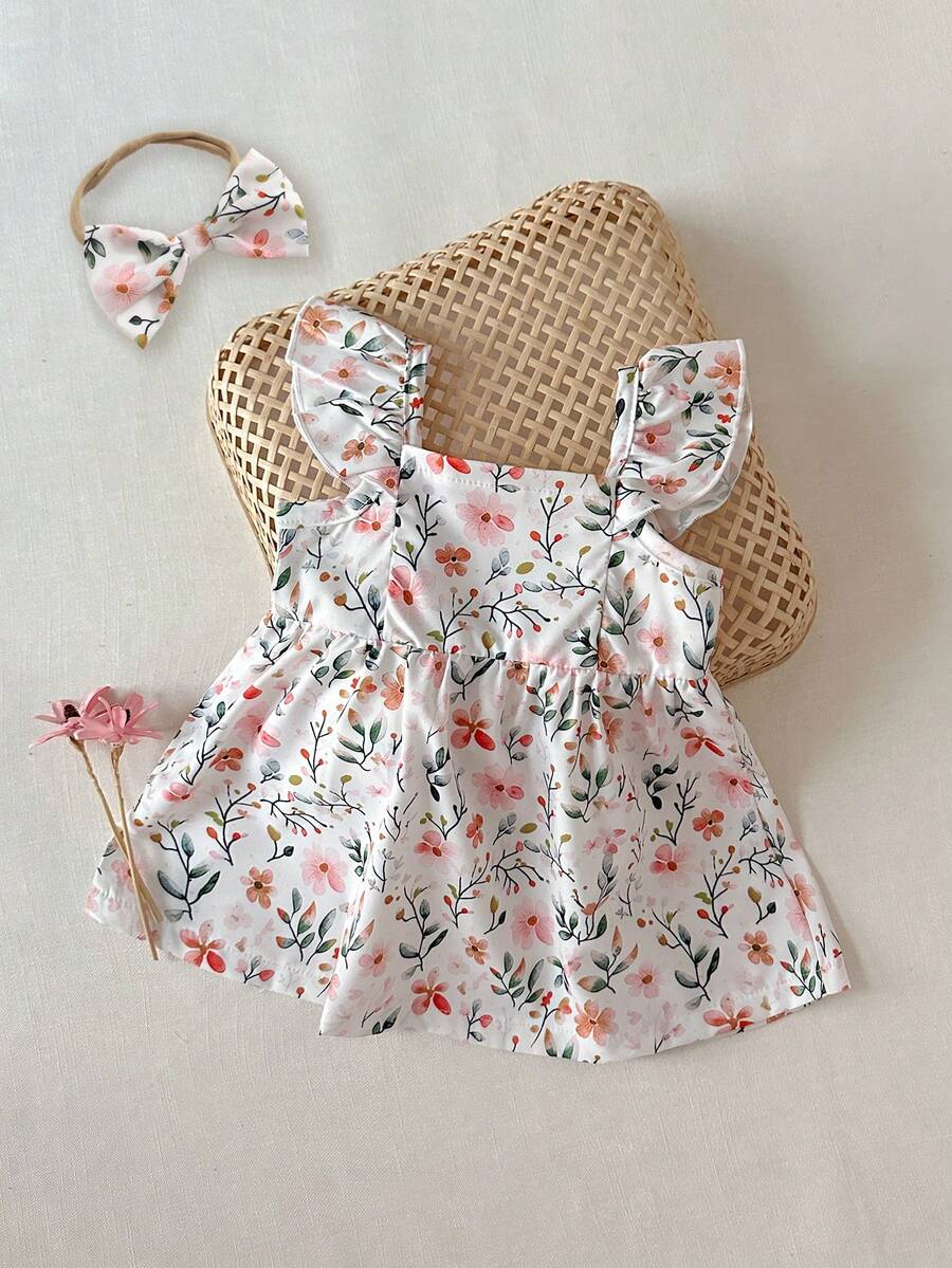 2PCS Baby Watercolor Floral Dress and Hairband Set for Cute Summer Outings