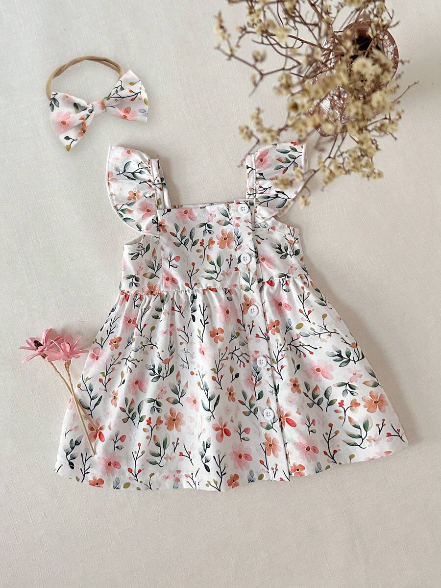 2PCS Baby Watercolor Floral Dress and Hairband Set for Cute Summer Outings