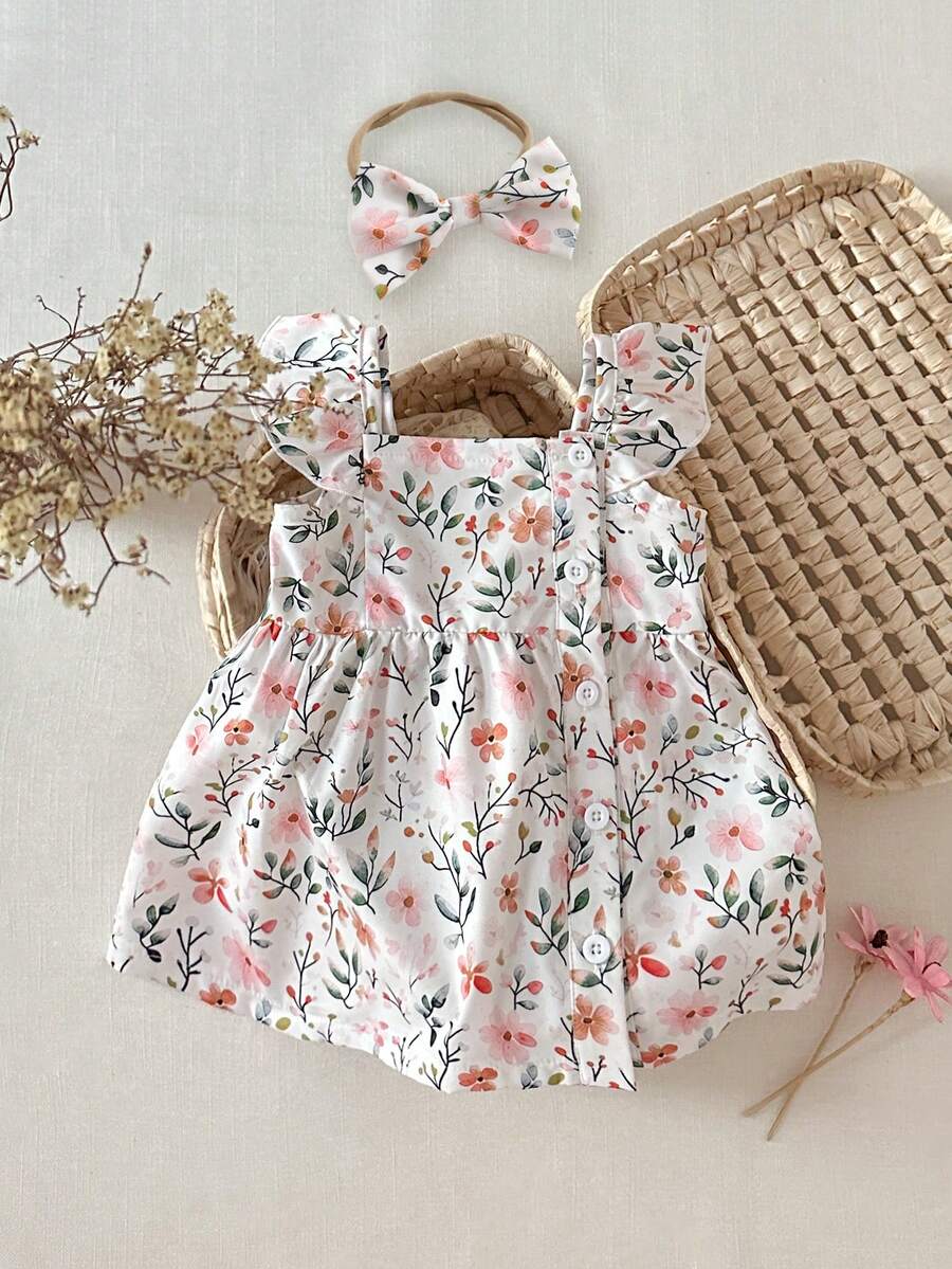 2PCS Baby Watercolor Floral Dress and Hairband Set for Cute Summer Outings