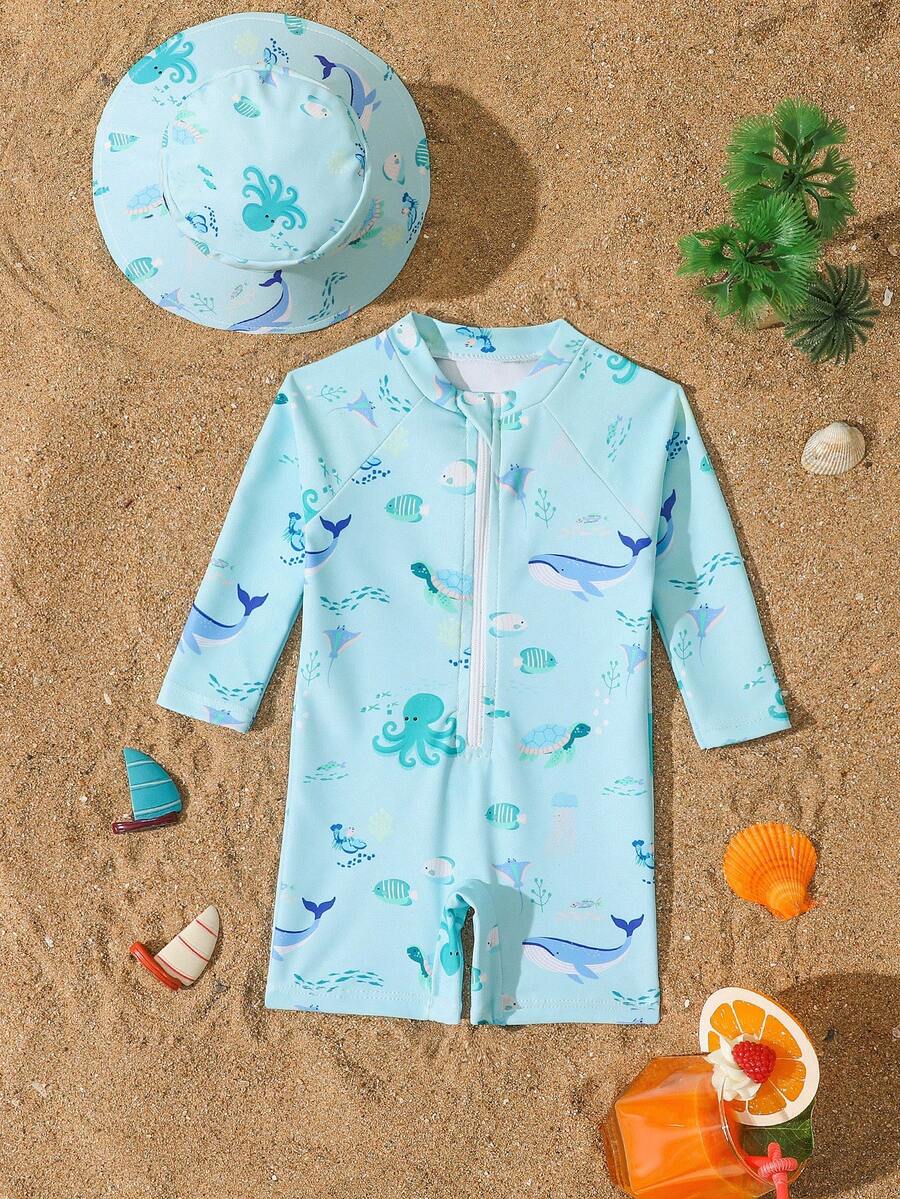 Baby Shark & Whale Print Long Sleeve Zipper Rash Guard Swimsuit with Matching Hat