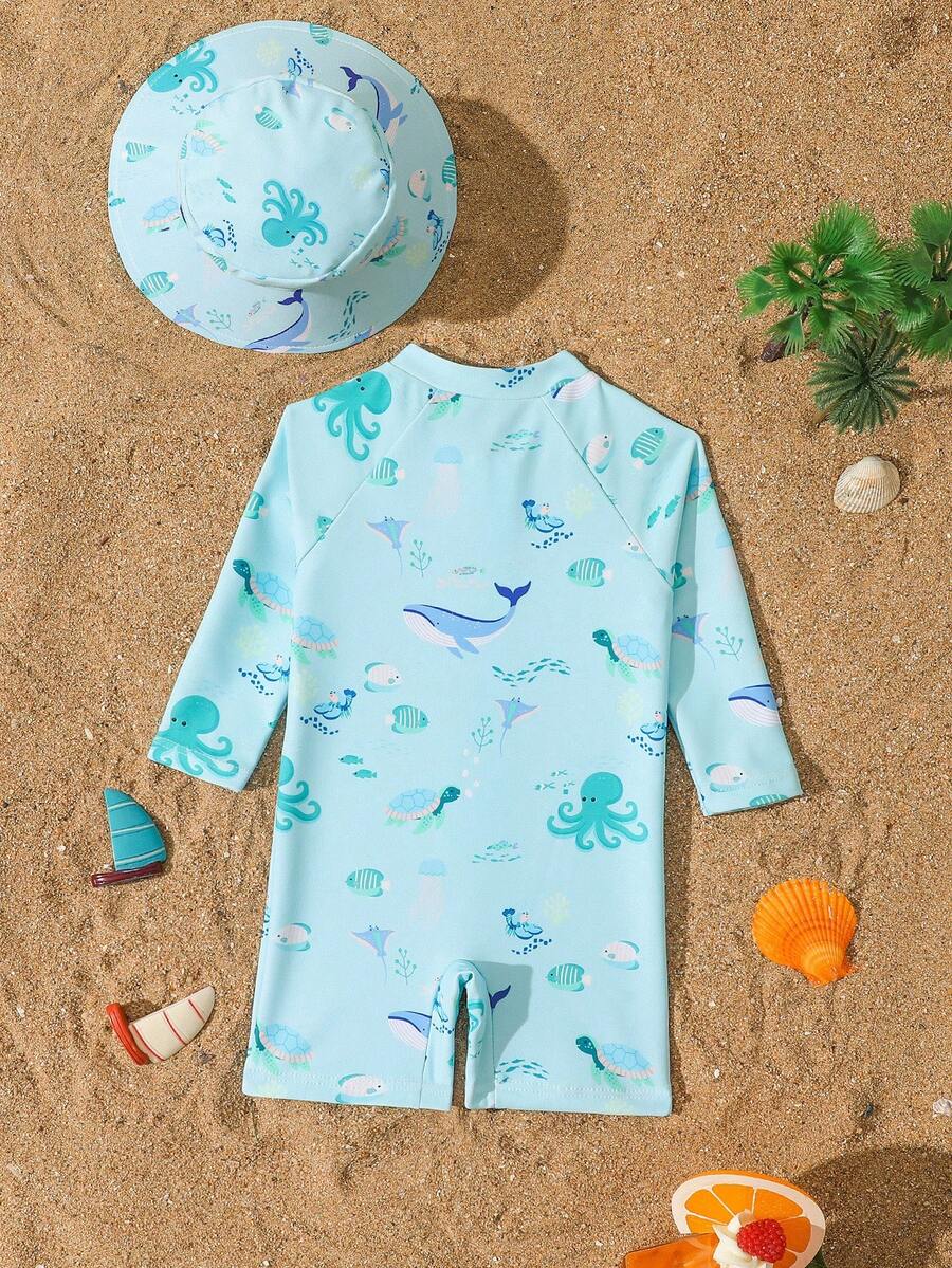 Baby Shark & Whale Print Long Sleeve Zipper Rash Guard Swimsuit with Matching Hat