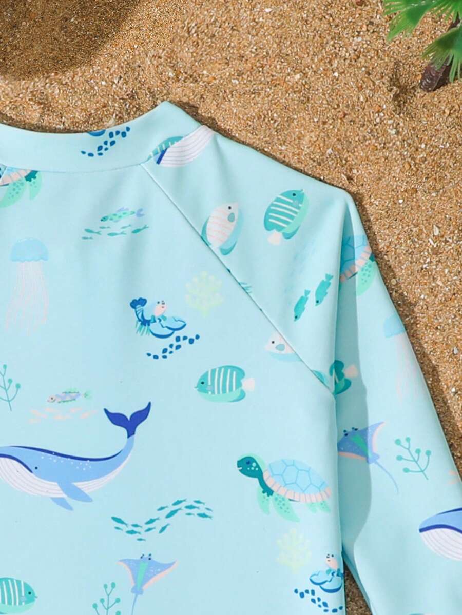 Baby Shark & Whale Print Long Sleeve Zipper Rash Guard Swimsuit with Matching Hat