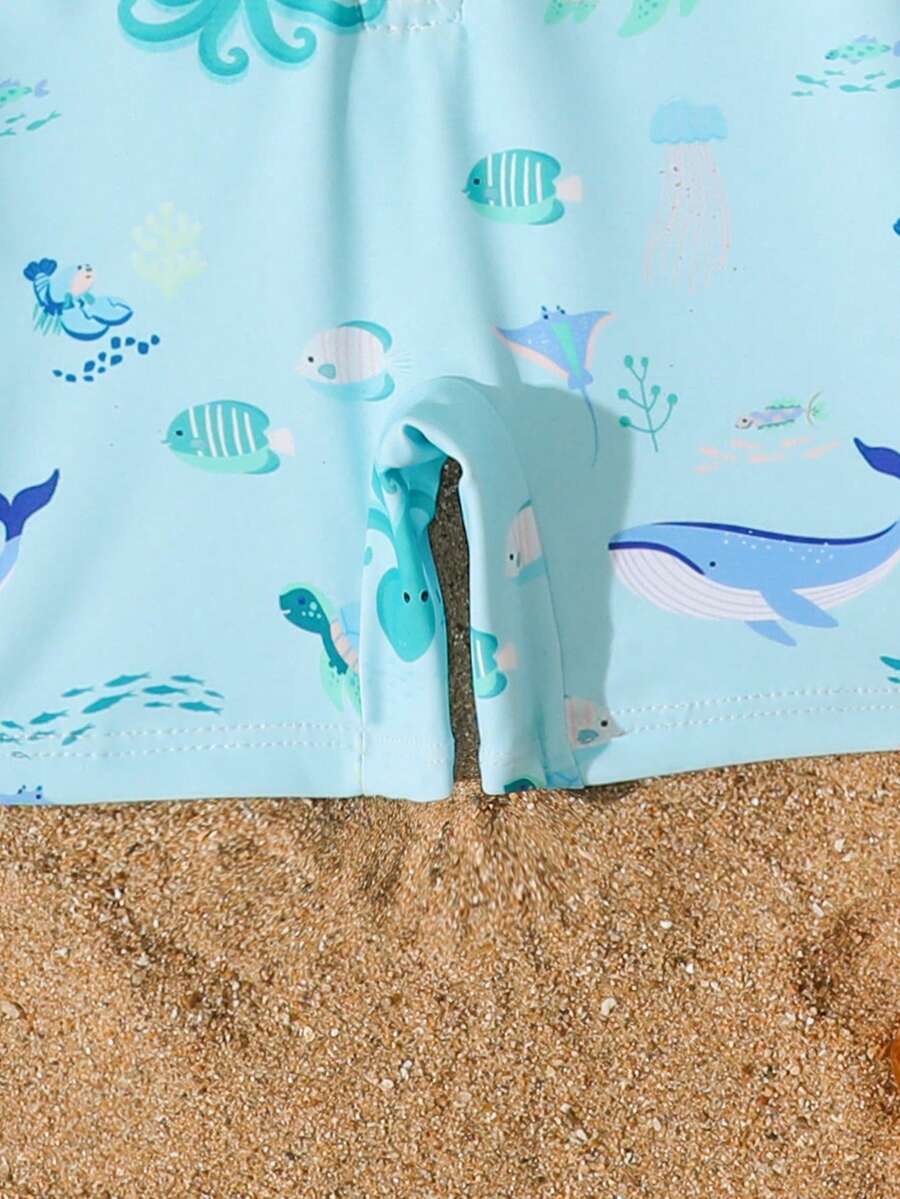 Baby Shark & Whale Print Long Sleeve Zipper Rash Guard Swimsuit with Matching Hat