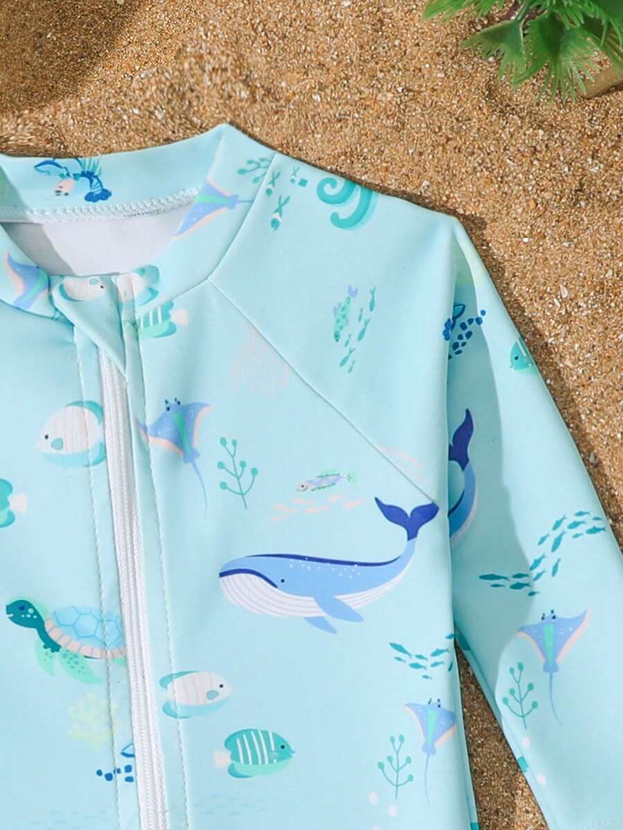 Baby Shark & Whale Print Long Sleeve Zipper Rash Guard Swimsuit with Matching Hat