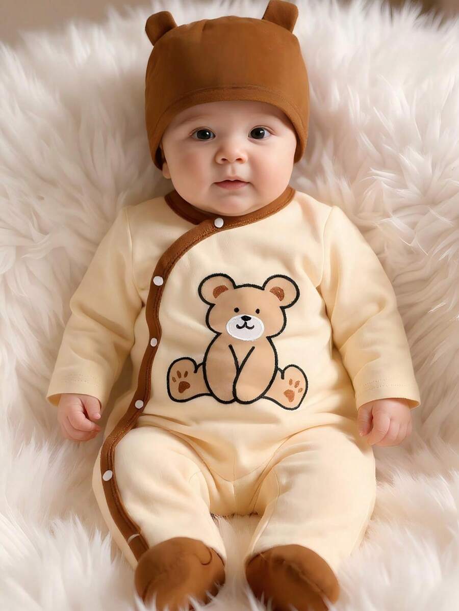 3pcs Cartoon Bear Embroidered Baby Boy Jumpsuit Set with Hat and Bib