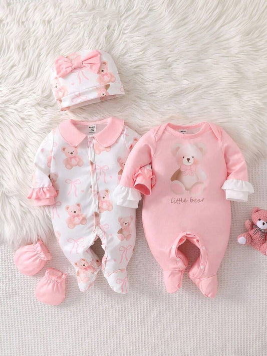 4PCS Newborn Bear & Bow Print Romper Set with Hat & Mittens