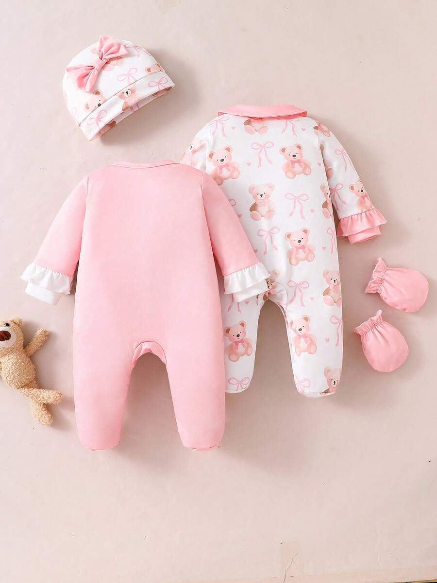 4PCS Newborn Bear & Bow Print Romper Set with Hat & Mittens