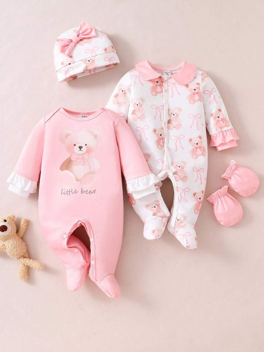 4PCS Newborn Bear & Bow Print Romper Set with Hat & Mittens
