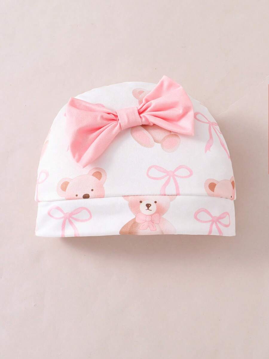 4PCS Newborn Bear & Bow Print Romper Set with Hat & Mittens