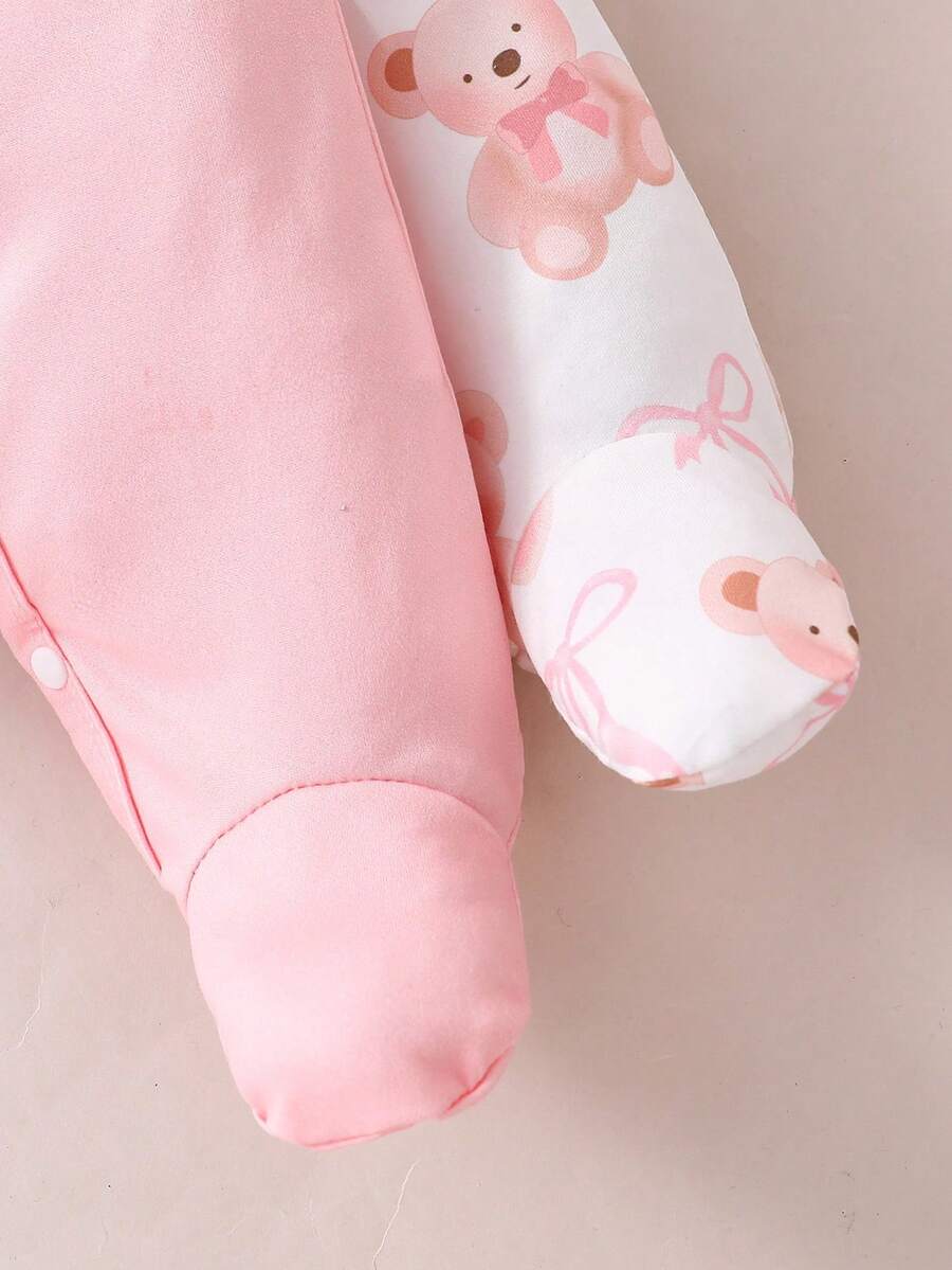 4PCS Newborn Bear & Bow Print Romper Set with Hat & Mittens