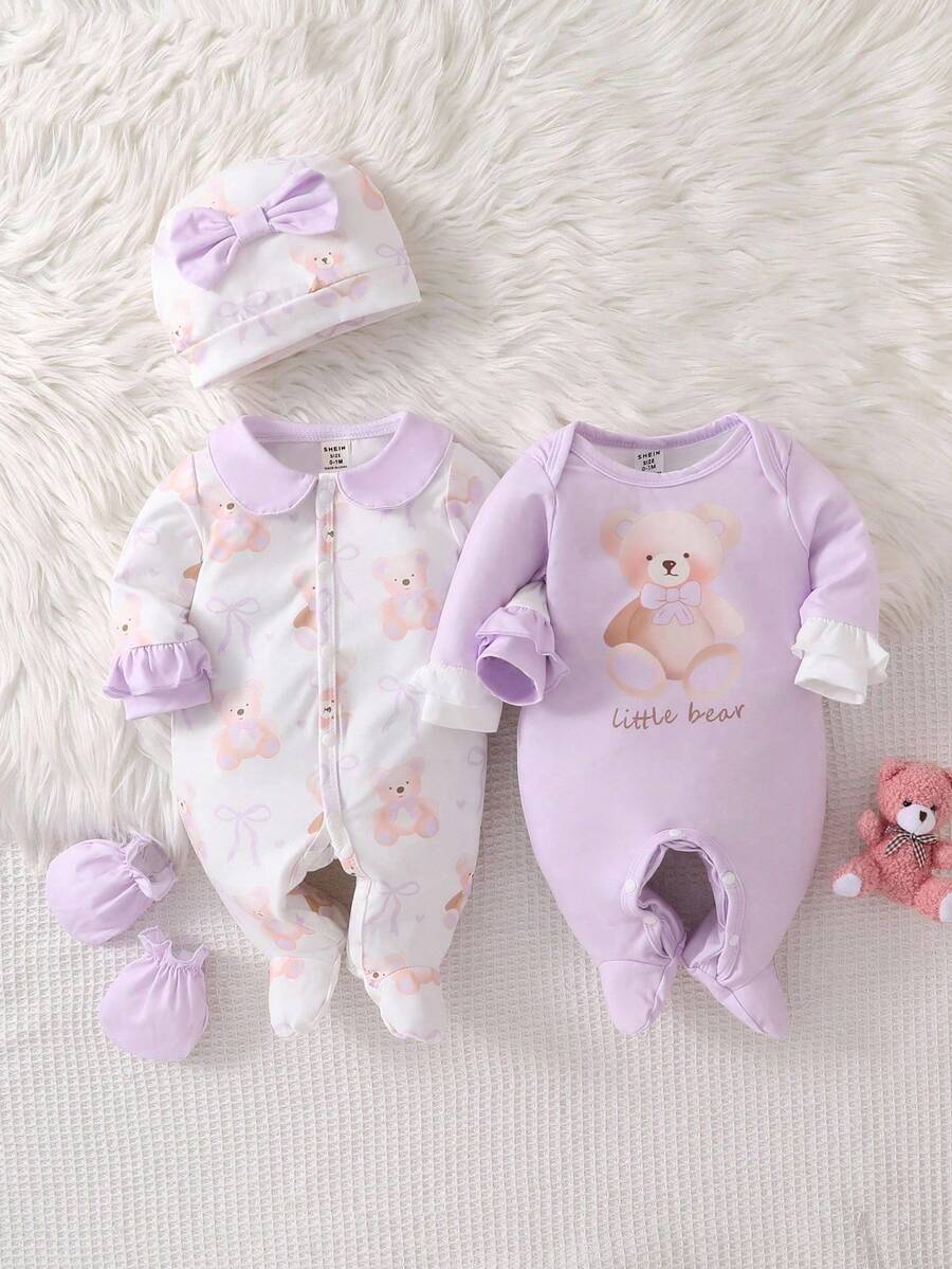 4PCS Newborn Bear & Bow Print Romper Set with Hat & Mittens
