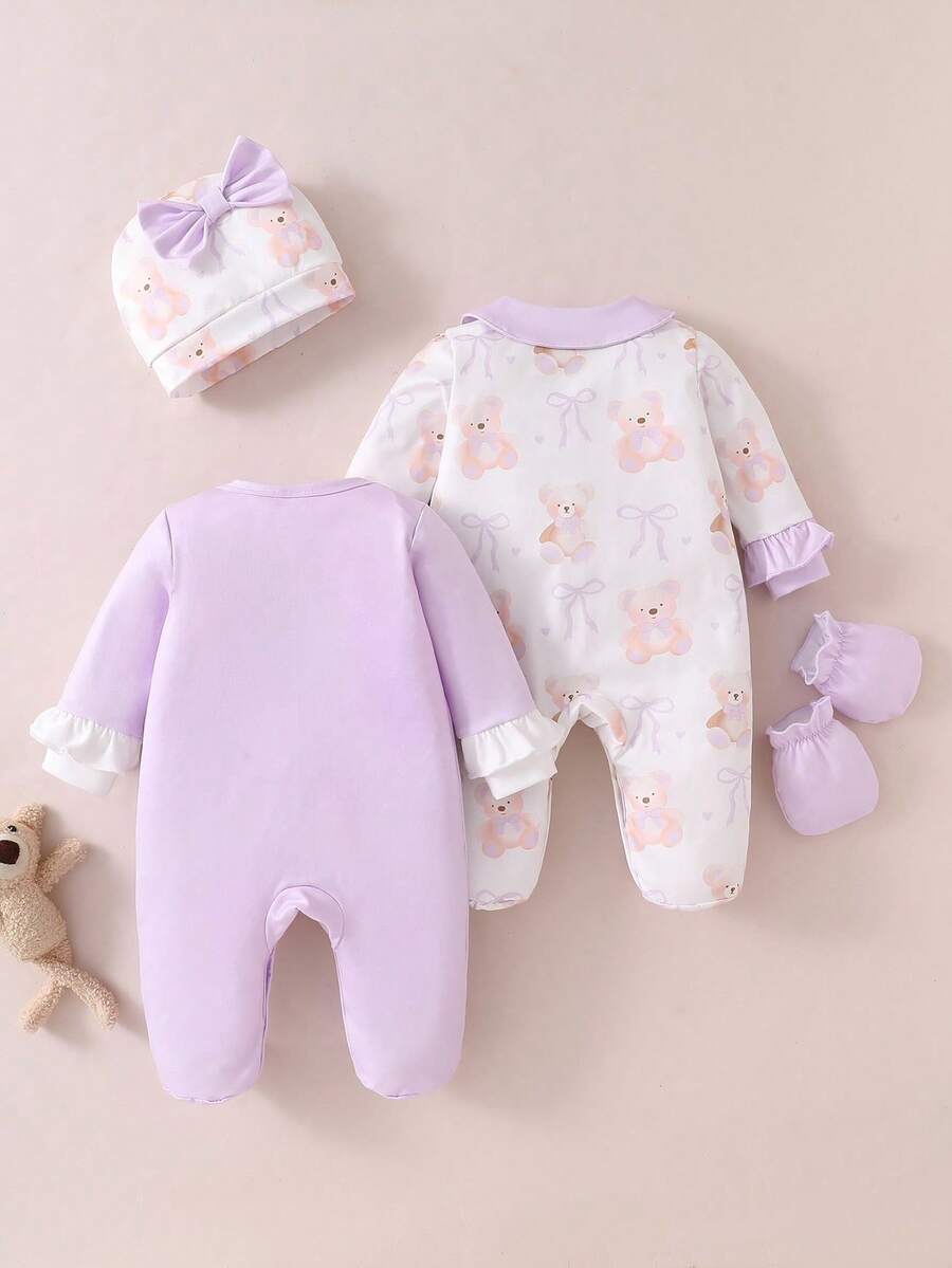 4PCS Newborn Bear & Bow Print Romper Set with Hat & Mittens