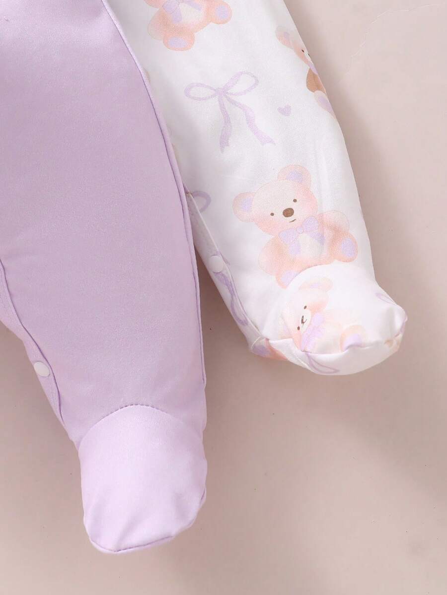 4PCS Newborn Bear & Bow Print Romper Set with Hat & Mittens