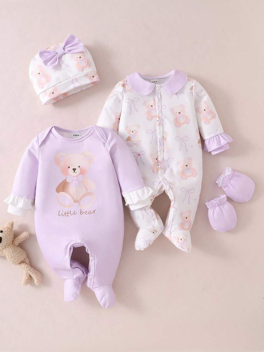 4PCS Newborn Bear & Bow Print Romper Set with Hat & Mittens