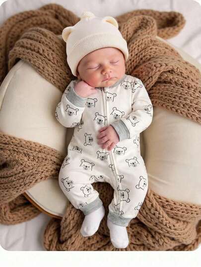 Cute Cartoon Bear Print Baby Zipper Romper for Newborn Boys and Girls
