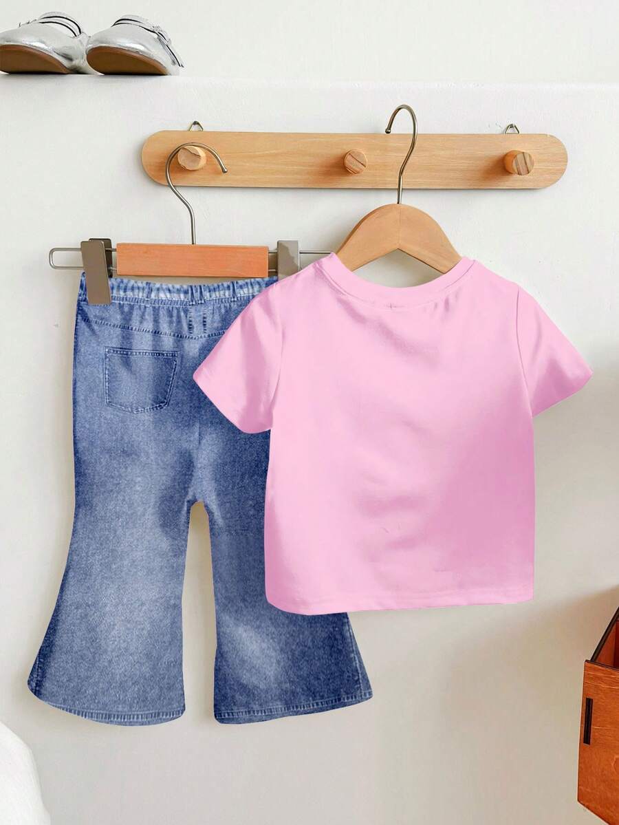 Soft Round Neck Short Sleeve Top and Flexible Flare Leg Trousers Casual Spring Summer Clothes Set for Girls
