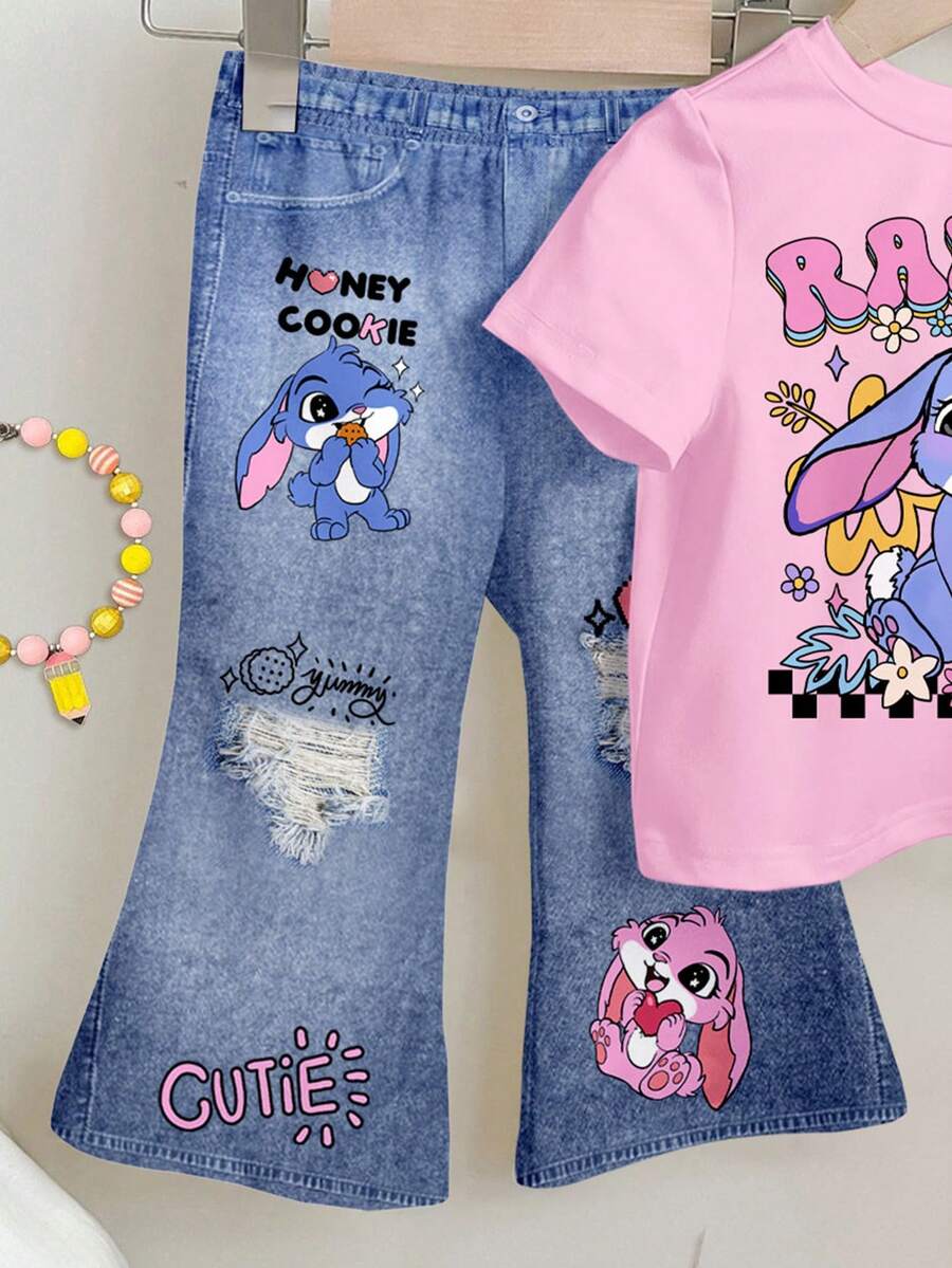 Soft Round Neck Short Sleeve Top and Flexible Flare Leg Trousers Casual Spring Summer Clothes Set for Girls