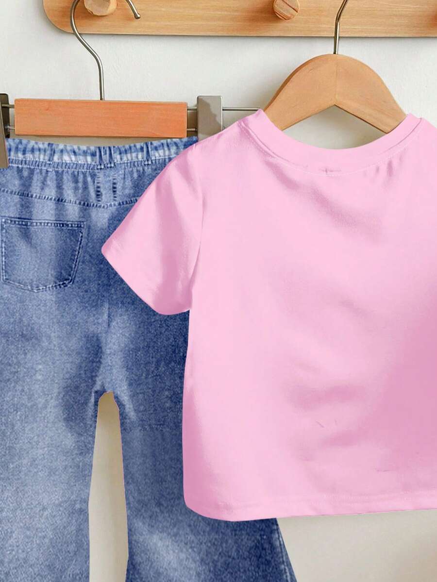 Soft Round Neck Short Sleeve Top and Flexible Flare Leg Trousers Casual Spring Summer Clothes Set for Girls