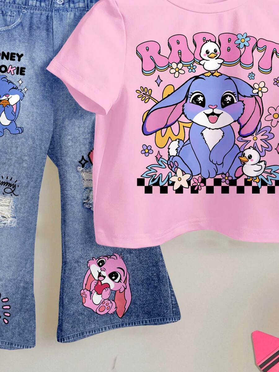 Soft Round Neck Short Sleeve Top and Flexible Flare Leg Trousers Casual Spring Summer Clothes Set for Girls