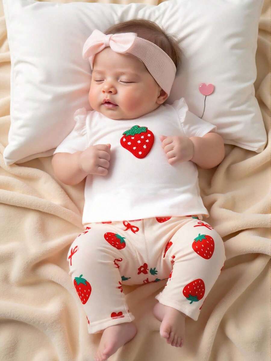 Baby Girl Strawberry Print T Shirt and Pants Set for Cute Summer Daily Wear