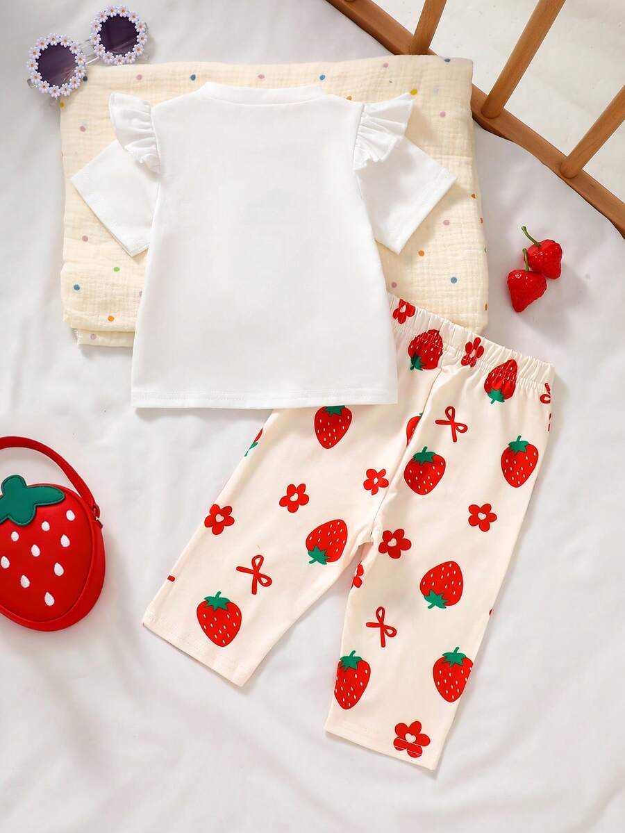 Baby Girl Strawberry Print T Shirt and Pants Set for Cute Summer Daily Wear